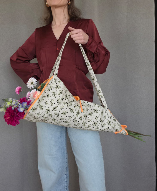 Kari Bag - Bloementas | Beige met Olijfgroene Takjes en Oranje Randje