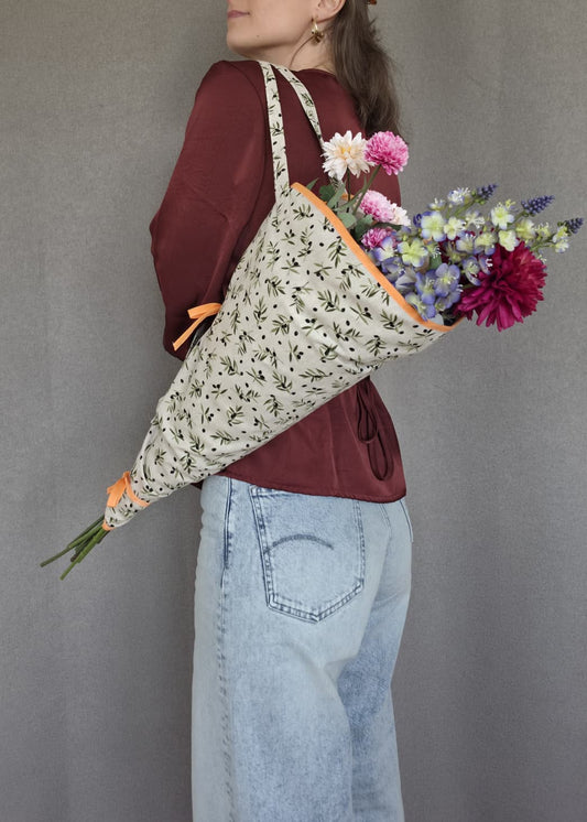 Kari Bag - Bloementas | Beige met Olijfgroene Takjes en Oranje Randje