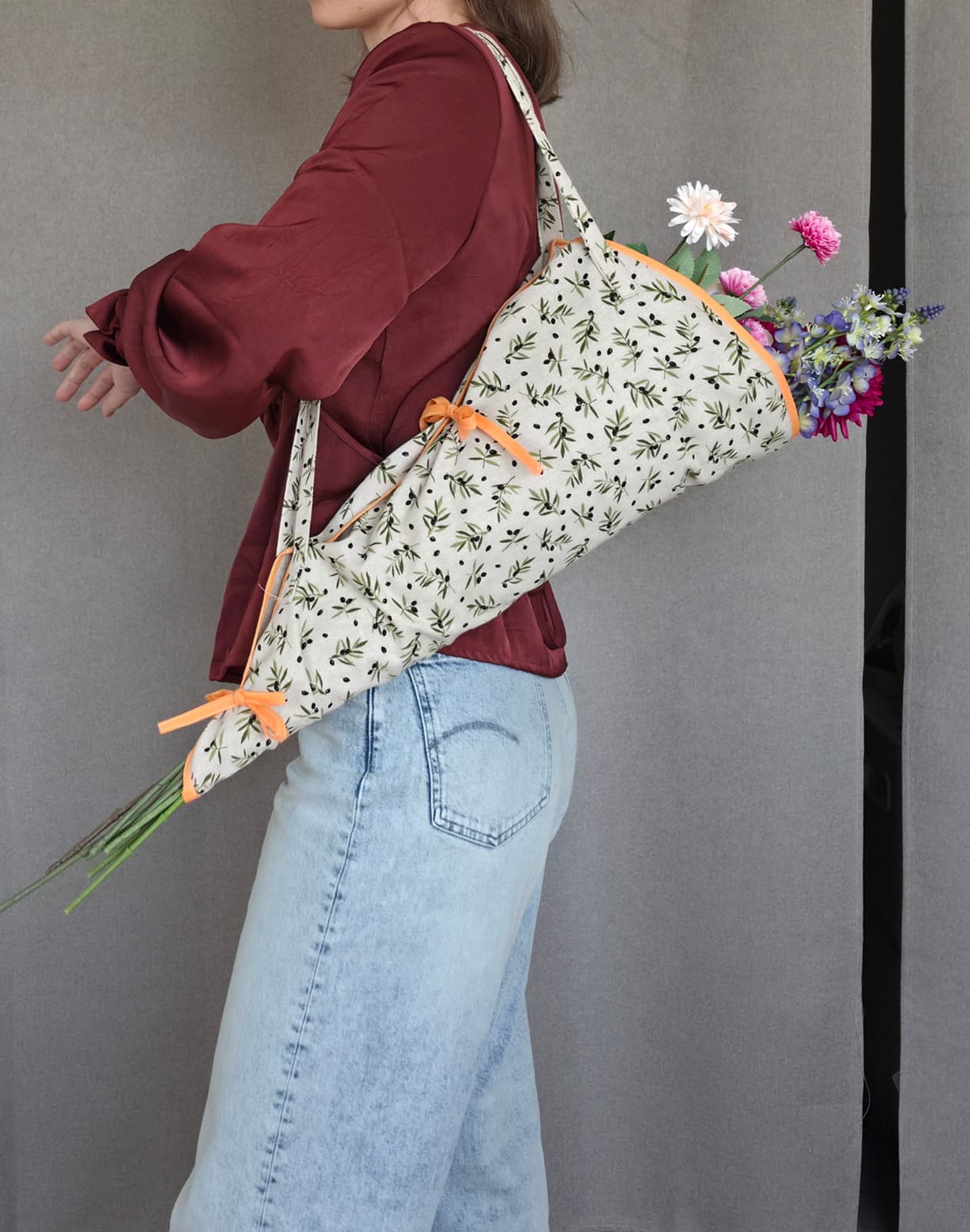 Kari Bag - Bloementas | Beige met Olijfgroene Takjes en Oranje Randje