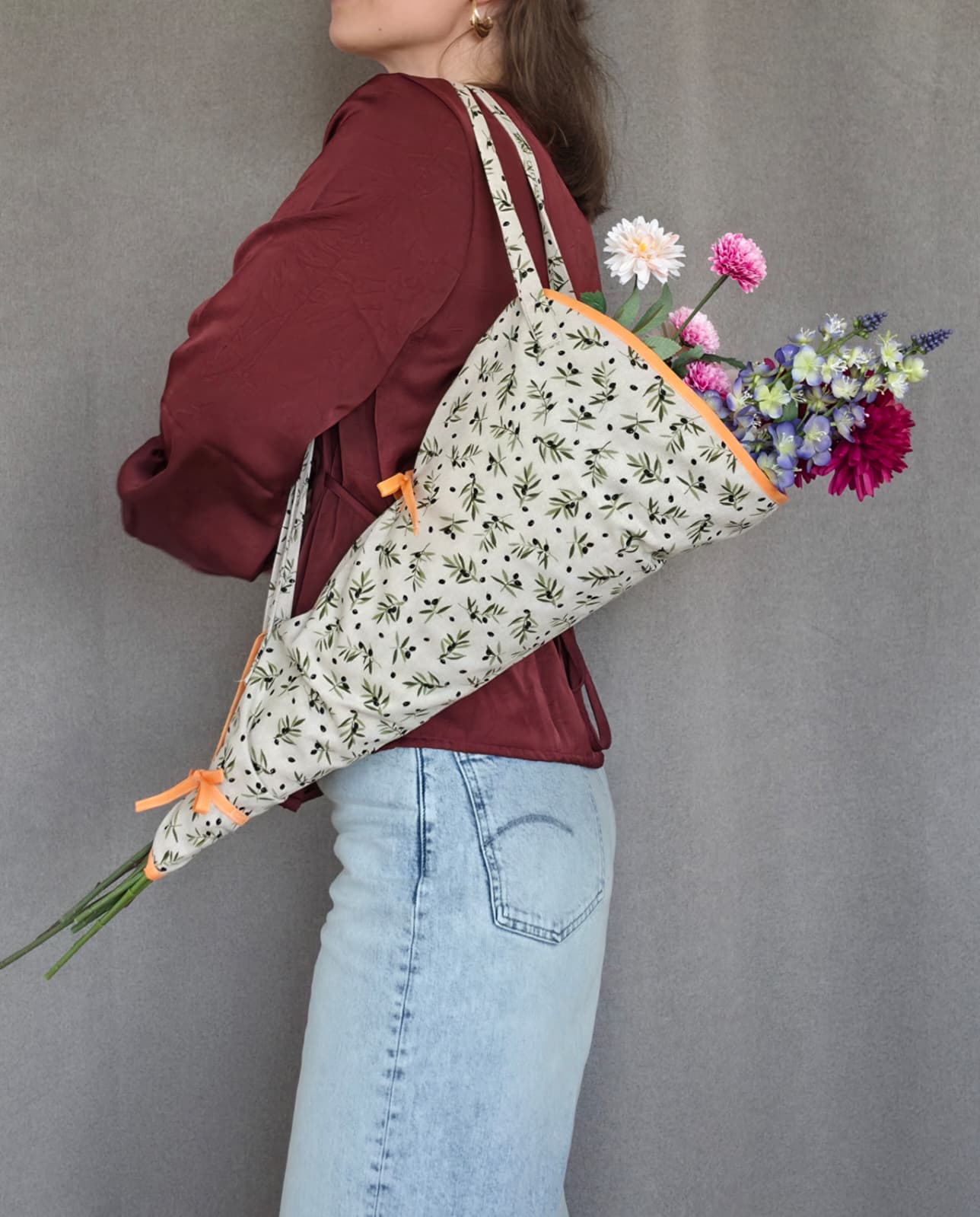 Kari Bag - Bloementas | Beige met Olijfgroene Takjes en Oranje Randje